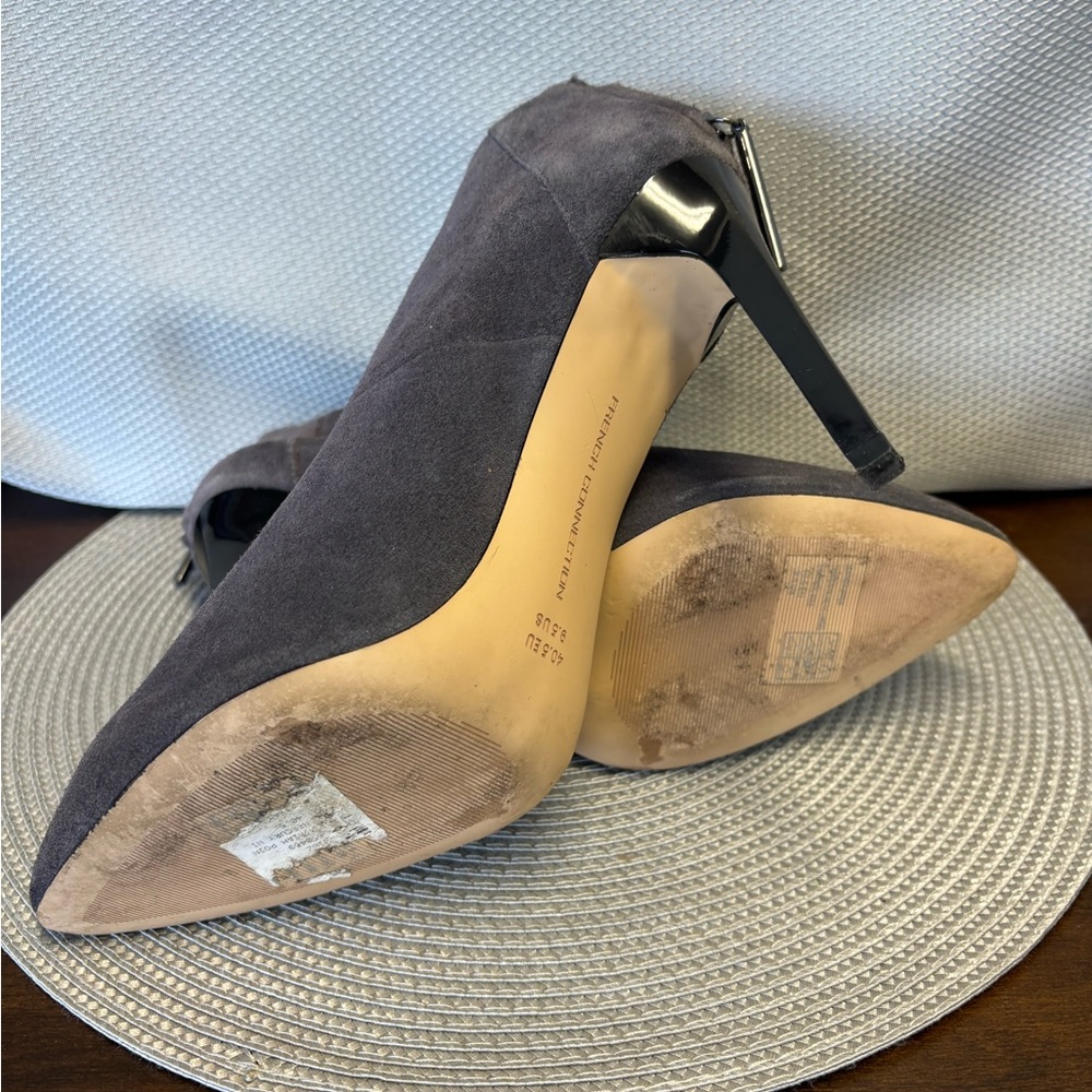 CLOSEOUT! French Connection charcoal gray suede, branded charm zipper on back. - Picture 4 of 4